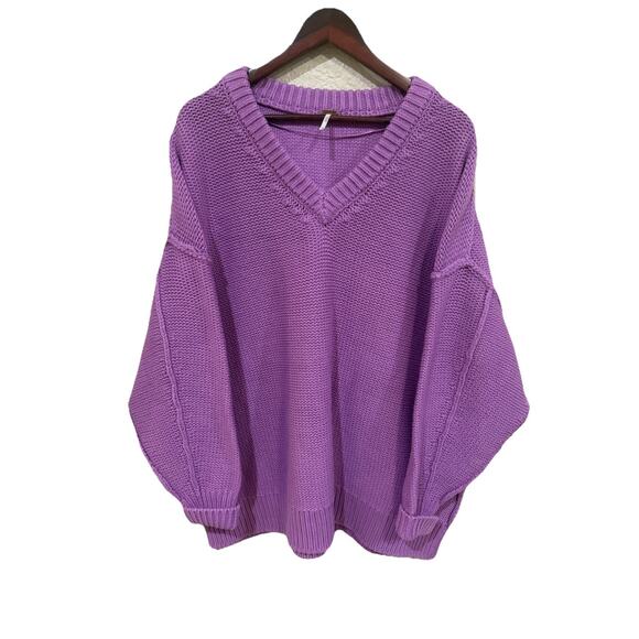 Free People Alli Oversized Chunky V Neck Sweater Sz XL Iris Orchid Purple 2X - Picture 1 of 7
